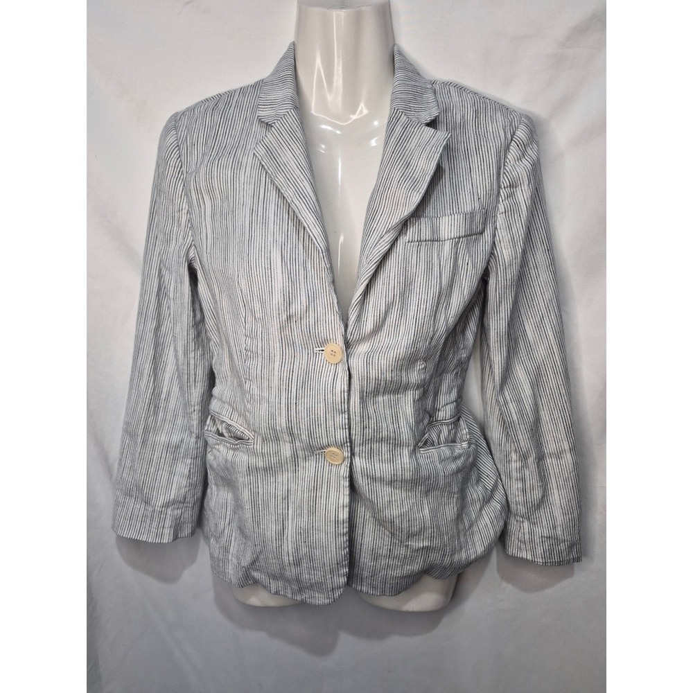 Theory Womens Blue White Pinstripe Linen Blend Blazer Jacket Size 4 LINWORTH B